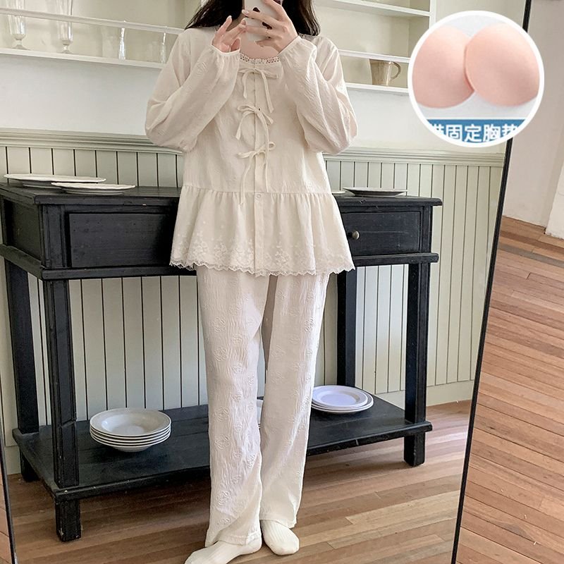 Vapetix M-XXL Ladies' New Autumn Pajama Set with Interlock Cloud Cotton Ribbed Cup Braids Sweet Princess Style Lo