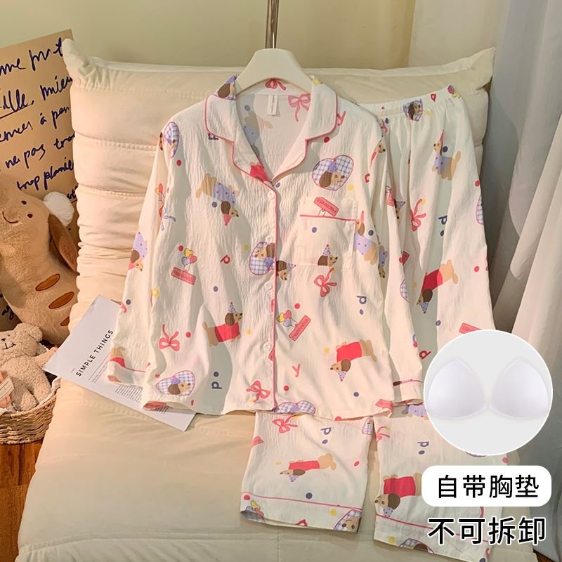 Vapetix M-XXL Women's Autumn New Sleepwear Set with Padded Bust Cardigan Knit Cloud Cotton Sweet Long Sleeve Home – Bild 4