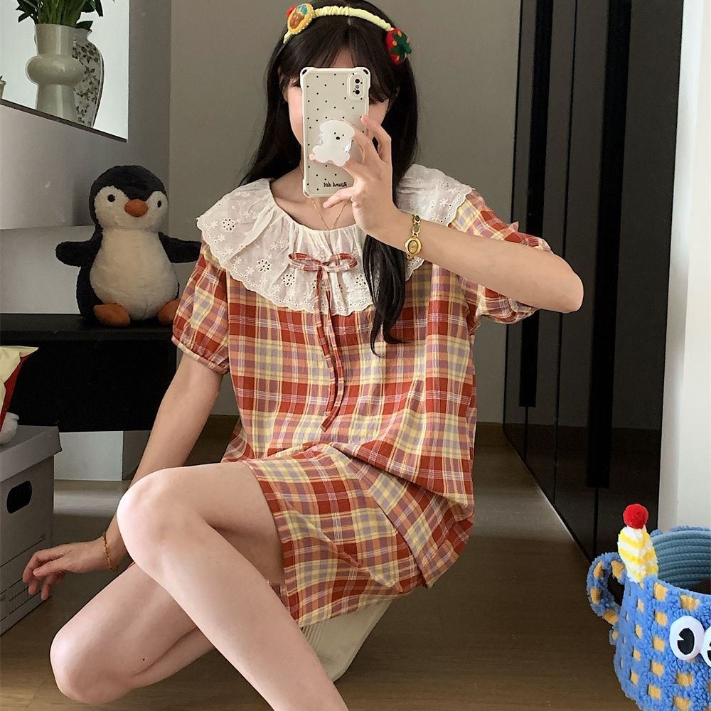 Vapetix M-XXL Live-streaming influencer cloud cotton short-sleeved shorts long pants three-piece set large lapel - 图片 3