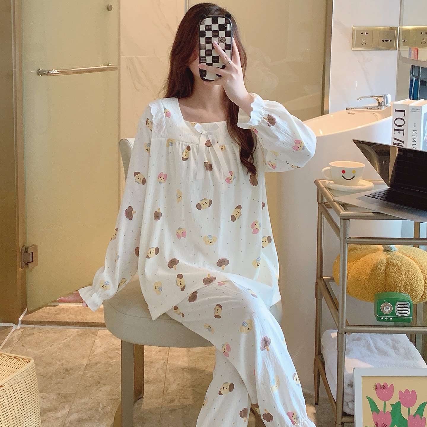 Vapetix M-XXL Qi Mengran 2025 Autumn Cloud Cotton Square Collar Long Sleeve Long Pants Nightgown Set for Women Pr - 图片 2