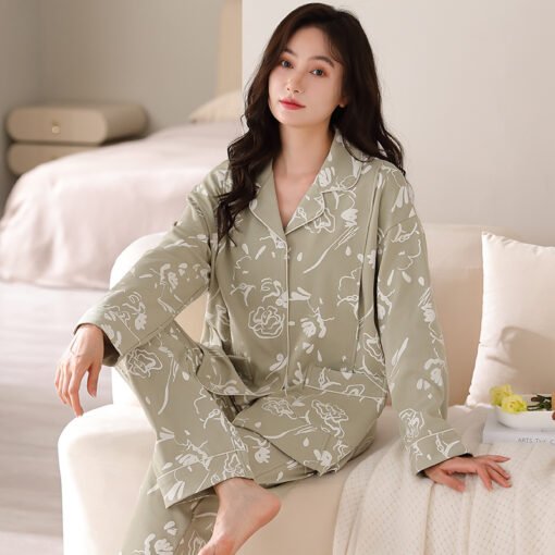 Vapetix M-XXXL  New Autumn 100% Cotton Women's Collarless Open Front Long Sleeve Long Pants Nightgown Set for Postp – Bild 3