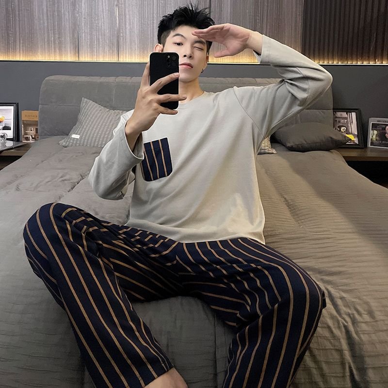 Vapetix L-XXXL Men's Spring and Autumn Winter Pajama Set with Double Pockets, Pull-on Style, Cotton-like Material, – Bild 5