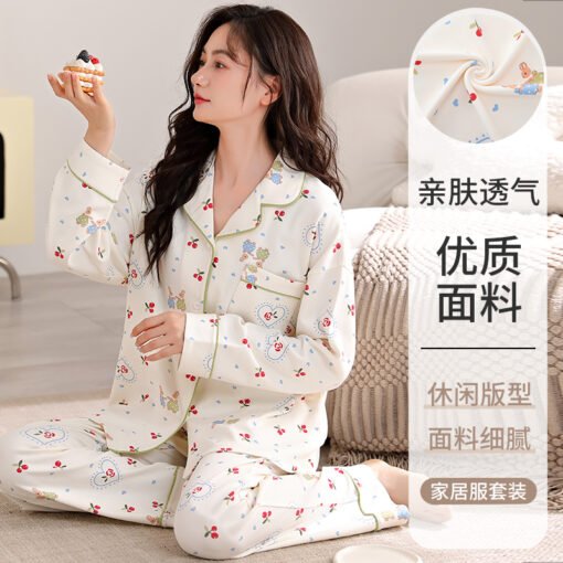Vapetix M-XXXL  Autumn New Women's 6040 Cotton Collarless Open Front Long Sleeve Long Pants Pajama Set for Women Ho – Bild 5