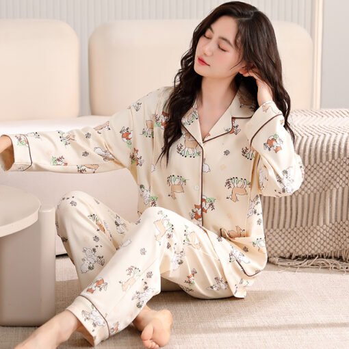 Vapetix M-XXXL  Autumn New 100% Cotton Ladies' Collarless Open Top Long Sleeve Long Pants Nightgown Set for Postpar – Bild 4