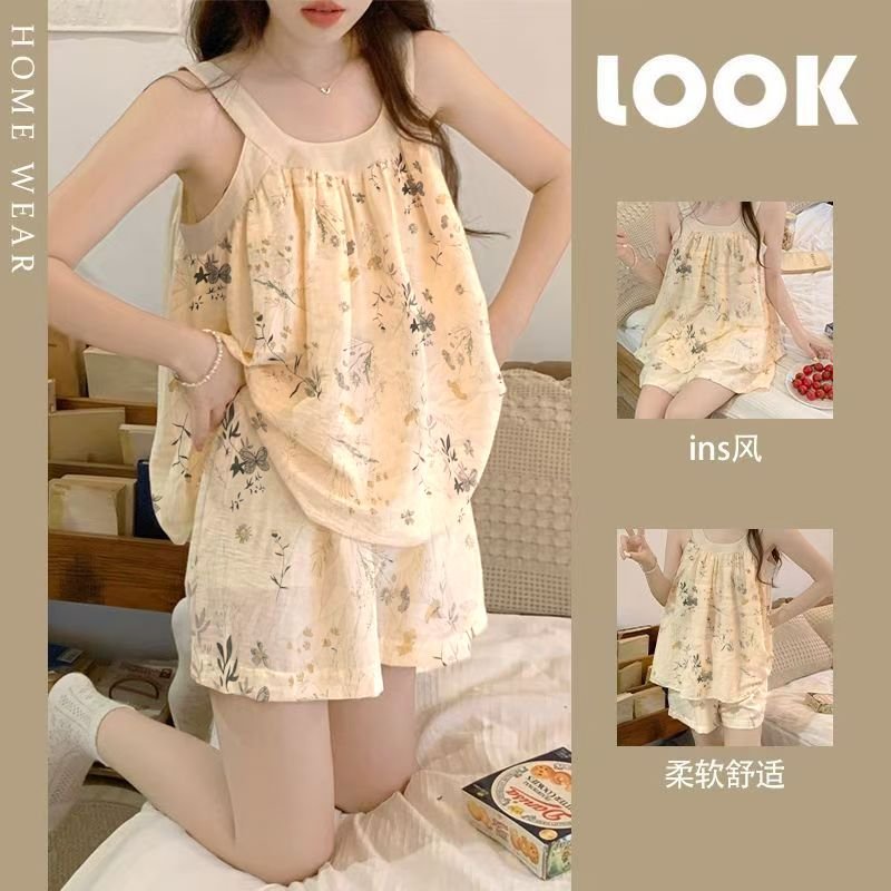 Vapetix M-XXL Women's Sexy Strappy Shorts with Bra Cups, Summer Pajama Set, Floral Print, Fresh and Clean, Homeco - 图片 5