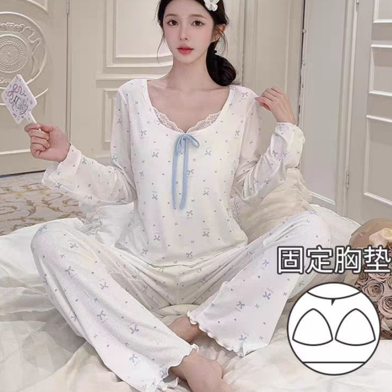 Vapetix M-XXL Spring and Autumn Flower Edge Butterfly Bow Blouse and Pants Women's Ice Silk Ribbed Long Sleeve Lo – Bild 5