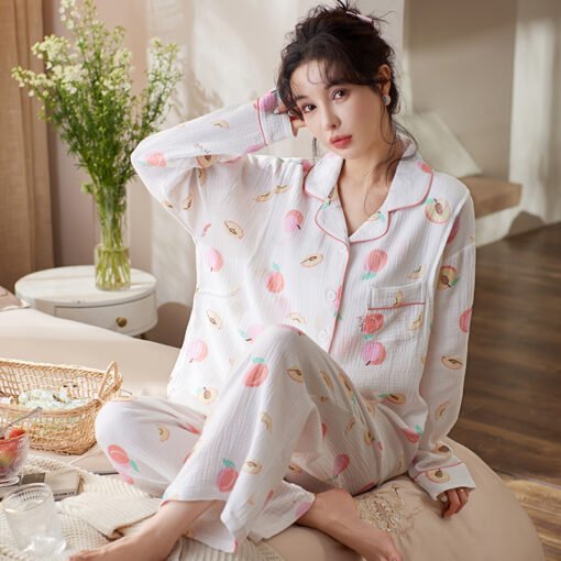 Vapetix M-XXXL  Autumn New 100% Cotton Gauze V-Neck Open-Front Long-Sleeve Long Pants Nightgown Set for Women Postp – Bild 2