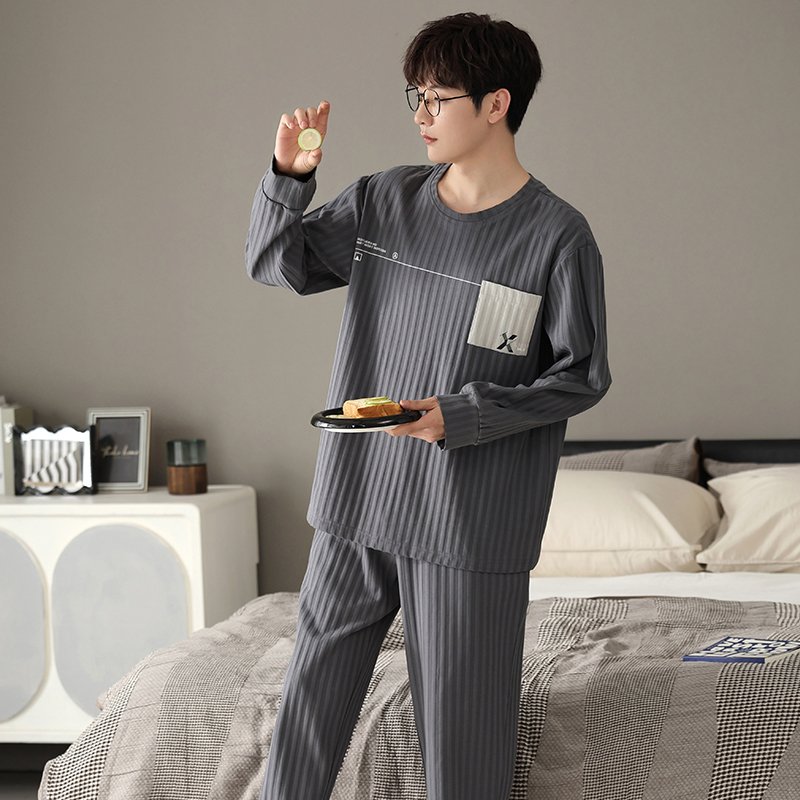 Vapetix L-XXXL New Autumn Cotton-Imitation Men's Drawstring Crew Neck Pullover Long-Sleeve Long Pants Pajamas Set – Bild 3