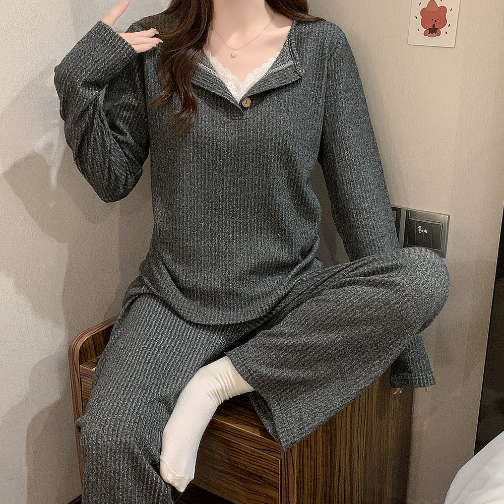 Vapetix M-XXL Cashmere Korean Style Casual Fixed-Chest Padded Pajamas Autumn/Winter V-Neck Lace Solid Color Cashm - 图片 2