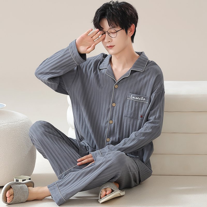 Vapetix L-XXXL Autumn New Cotton-Like Men's Long-Sleeve Open-Neck Pullover and Long Pants Pajama Set for Men, Wear – Bild 3