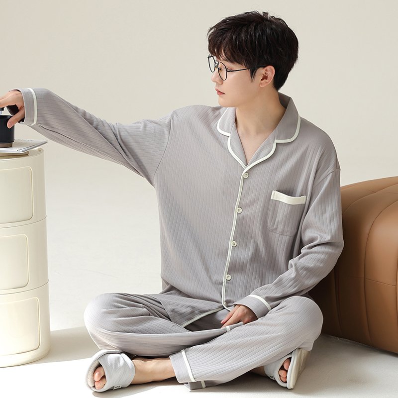 Vapetix L-4XL Fall New Cotton-imitation Men's Large Placket Collar Open Top Long Sleeve Long Pants Pajamas Set fo - 图片 3