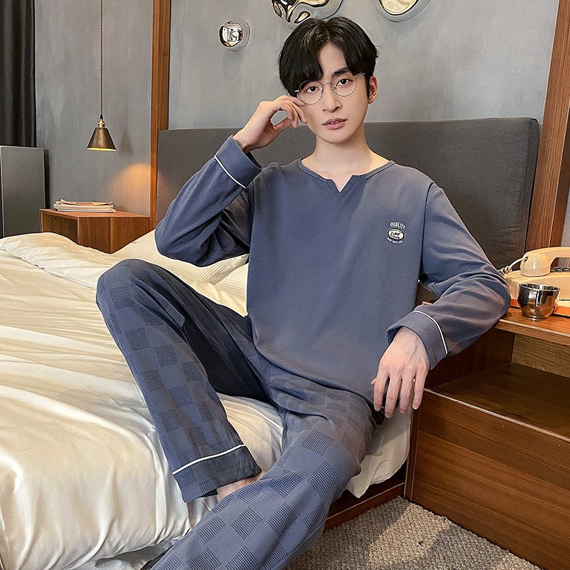 Vapetix L-XXXL Autumn New Cotton-Like Men's Plaid Round Neck Pullover Long Sleeve Long Pants Pajama Set for Men Ho – Bild 3