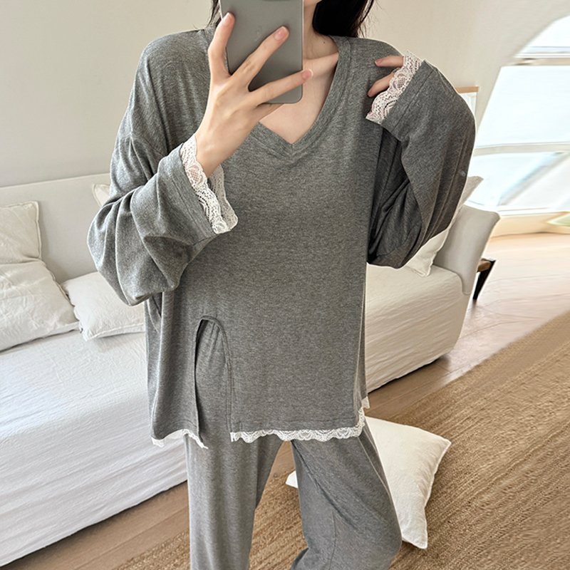 Vapetix M-XXL Orange Heart 【Batch 14】Autumn New Cotton Lined Pajamas Set for Women Sweet Lace Edge Loose Two-Piec - 图片 2