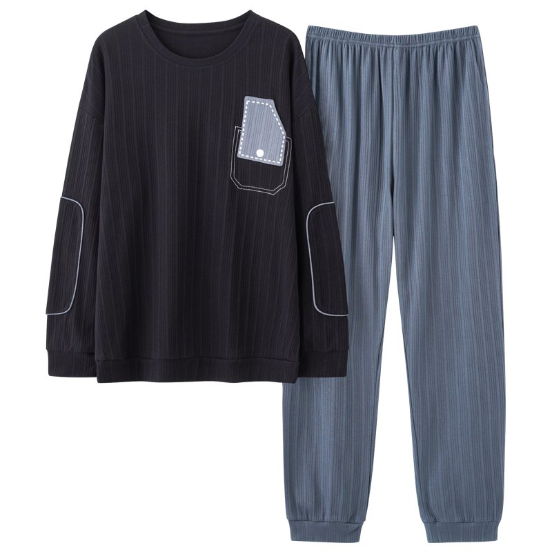 Vapetix L-XXXL New Autumn Cotton-Imitation Men's Flat Round Neck Hooded Long Sleeve Long Pants Pajama Set for Men - 图片 3
