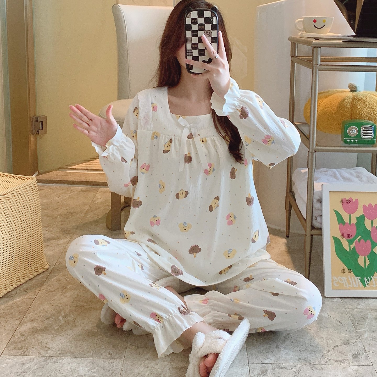 Vapetix M-XXL Qi Mengran 2025 Autumn Cloud Cotton Square Collar Long Sleeve Long Pants Nightgown Set for Women Pr - 图片 3