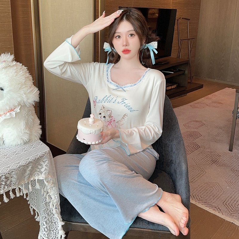 Vapetix M-XL 2-Color 【With Unremovable Chest Pads】Spring and Autumn Long-Sleeve Nightgown Set for Women, Modal C – Bild 3