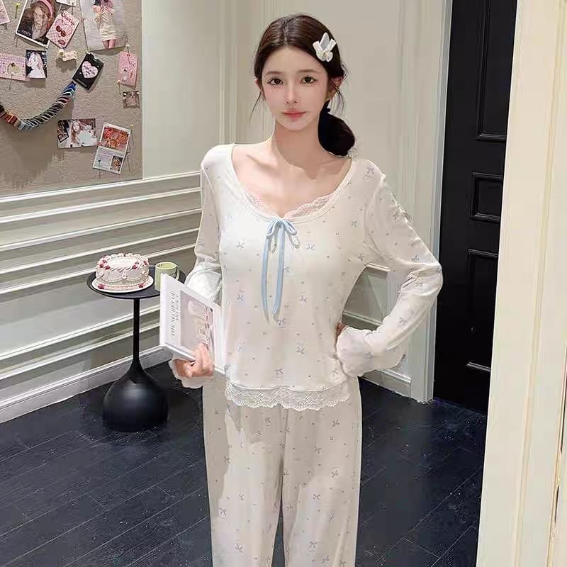 Vapetix M-XXL Spring and Autumn Flower Edge Butterfly Bow Blouse and Pants Women's Ice Silk Ribbed Long Sleeve Lo – Bild 3