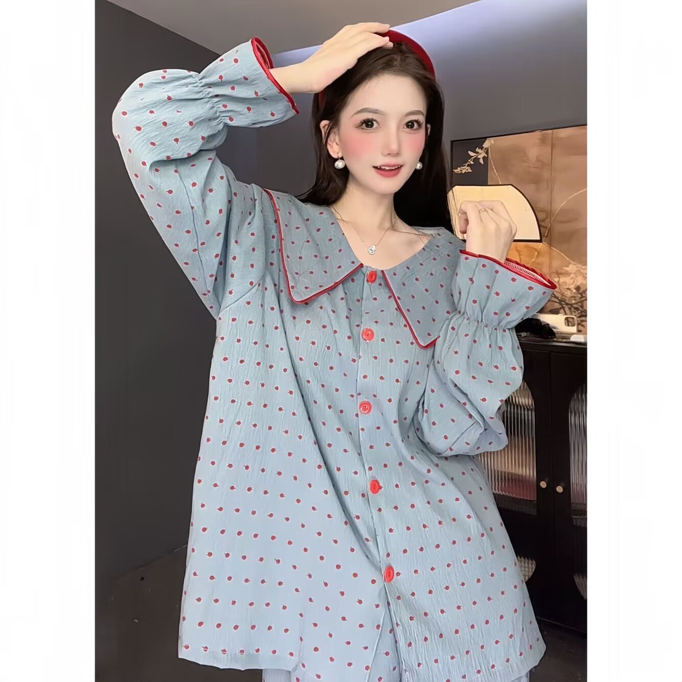 Vapetix M-XXL Baby Collar Blueberry Jam Polka Dot Pajamas Set for Women Cloud Cotton Spring and Autumn Long Sleev