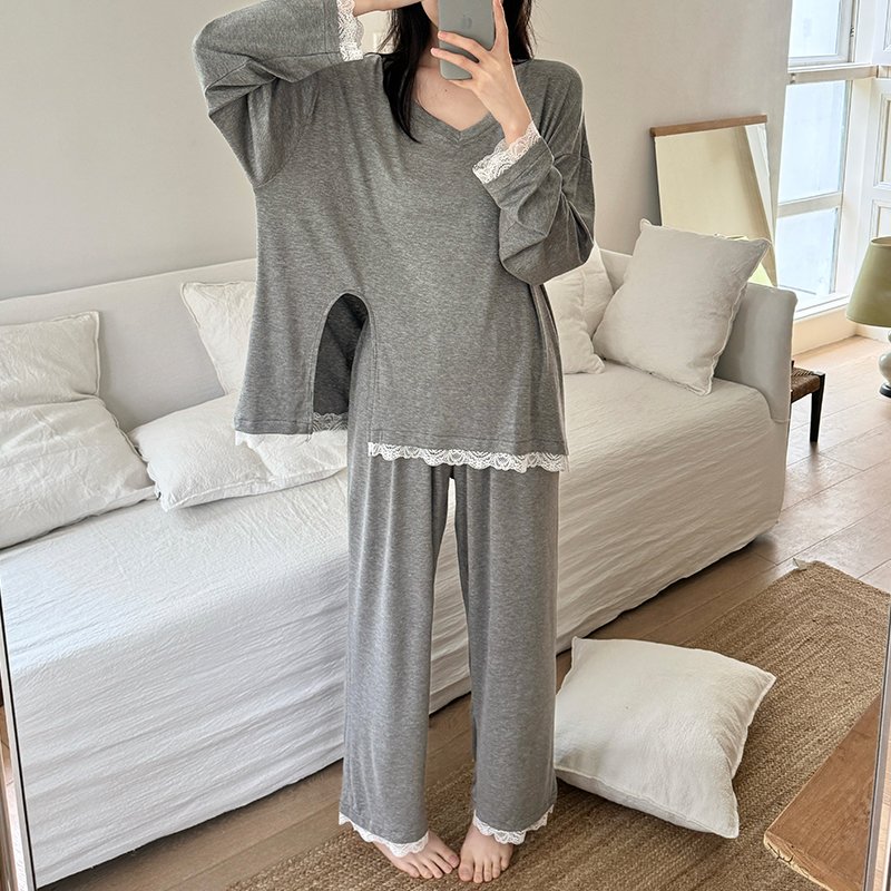 Vapetix M-XXL Orange Heart 【Batch 14】Autumn New Cotton Lined Pajamas Set for Women Sweet Lace Edge Loose Two-Piec - 图片 3