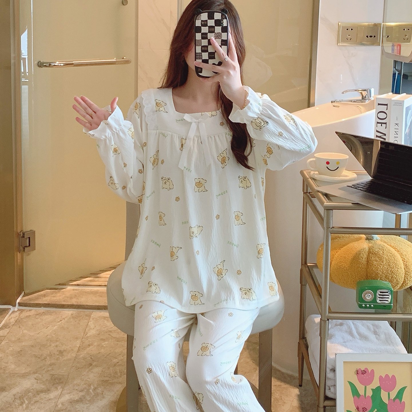 Vapetix M-XXL Jo Mengran 2025 Autumn Cloud Cotton Square Collar Long Sleeve Long Pants Pajama Set for Women Princ – Bild 4