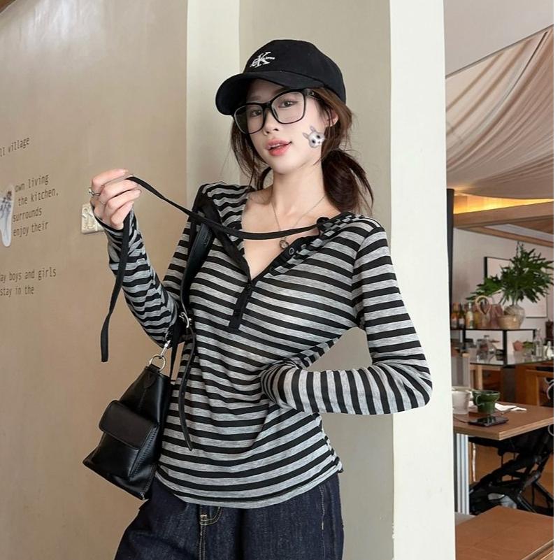 Vapetix M-XL Starlight All Shipped Ribbed Contrast Striped Hooded Long-Sleeve T-Shirt for Women Casual Minimalis – Bild 4