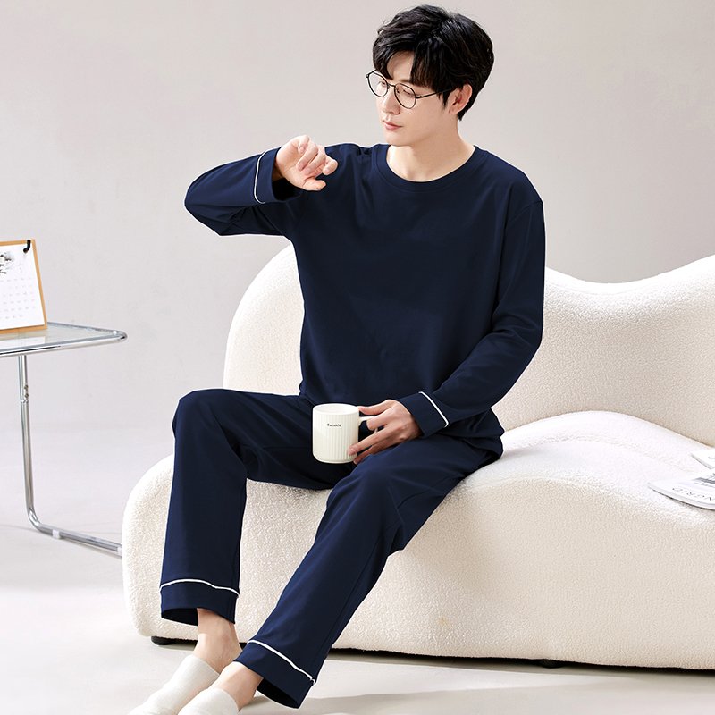 Vapetix L-XXXL Men's Spring and Autumn Sleepwear Set - Pure Cotton, Solid Color, Long Sleeve, Long Pants, New Styl – Bild 2