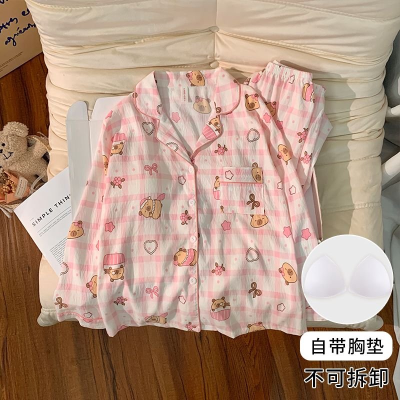 Vapetix M-XXL Women's Autumn New Sleepwear Set with Built-in Bralette, Woven Cloud Cotton Cardigan, Sweet Long-Sl - 图片 4