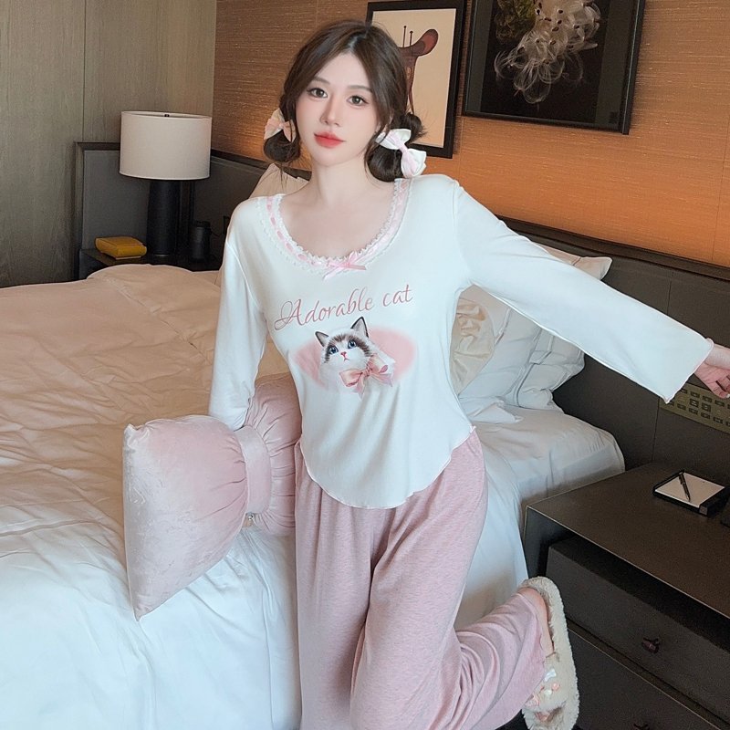 Vapetix M-XL 【With Undetachable Chest Pad】Spring and Autumn Long Sleeve Women's Modal Cat Sweet Home Dress Set – Bild 4