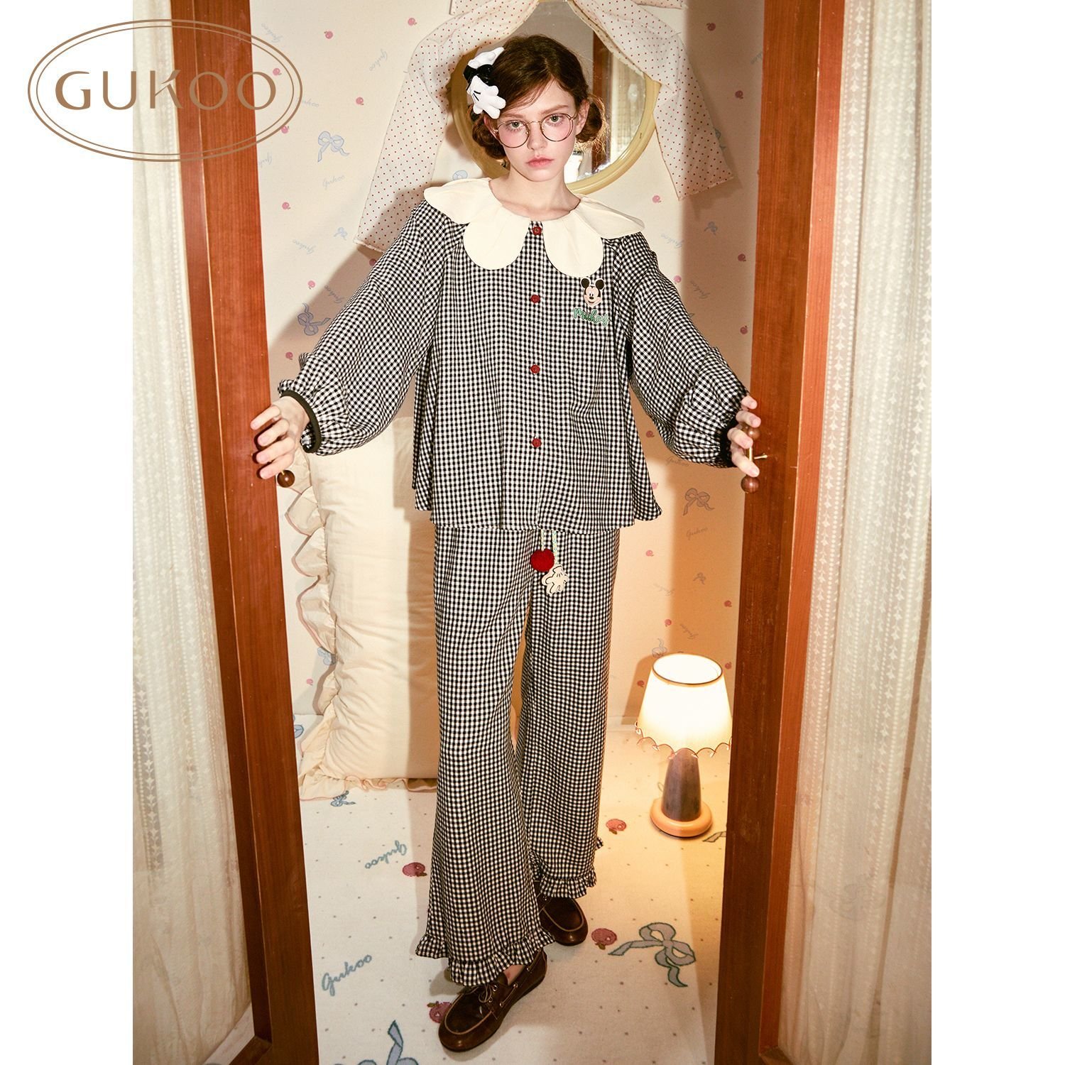 Vapetix M-XXL Women's Sweet Mickey Plaid Baby Collar Cloud Cotton Long-Sleeved Long Pants Homecoming Set for Spri - 图片 3