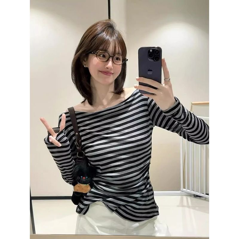 Vapetix S-XL Original Color-Woven Striped Off-the-Shoulder Long-Sleeve T-Shirt for Women, Korean Style Design, O – Bild 7