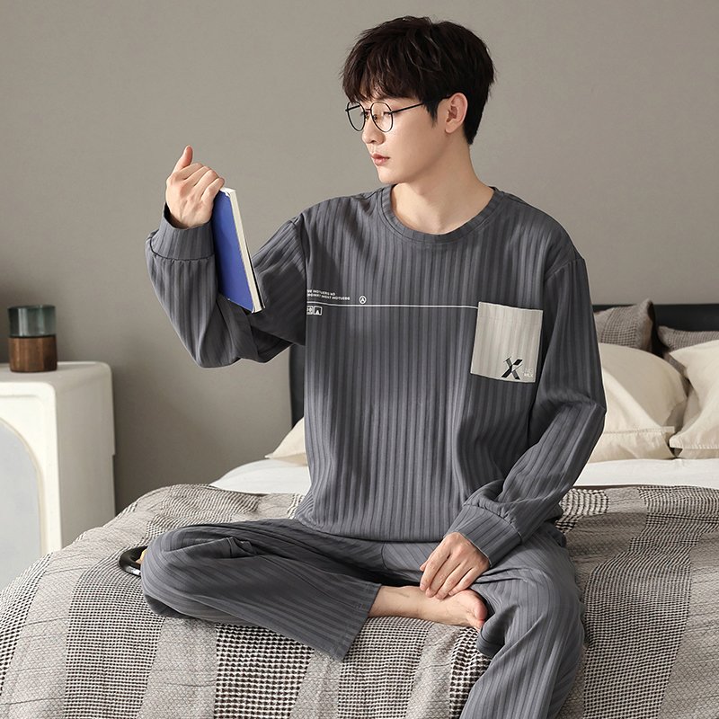 Vapetix L-XXXL New Autumn Cotton-Imitation Men's Drawstring Crew Neck Pullover Long-Sleeve Long Pants Pajamas Set – Bild 5