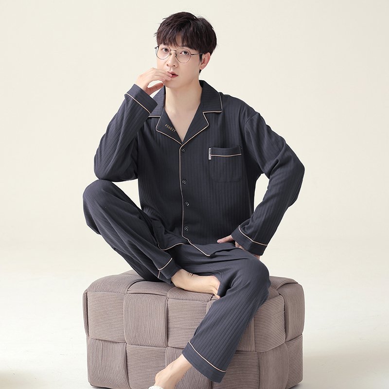 Vapetix L-4XL New Autumn Cotton-Imitation Men's Large Stripe Polo Collar Sweatshirt Long Sleeve Long Pants Pajama - 图片 3