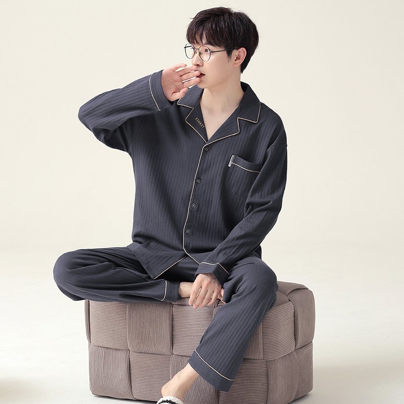 Vapetix L-4XL New Autumn Cotton-Imitation Men's Large Stripe Polo Collar Sweatshirt Long Sleeve Long Pants Pajama - 图片 4