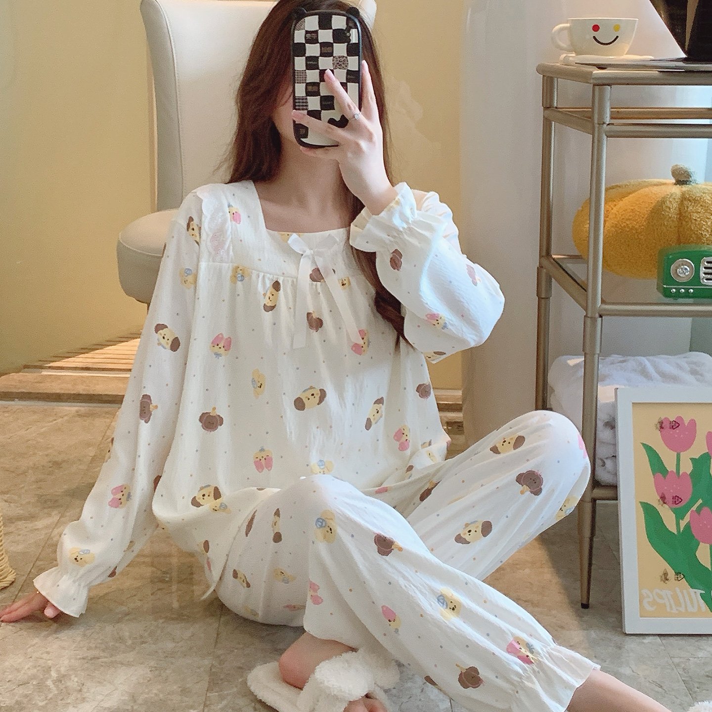 Vapetix M-XXL Qi Mengran 2025 Autumn Cloud Cotton Square Collar Long Sleeve Long Pants Nightgown Set for Women Pr - 图片 4