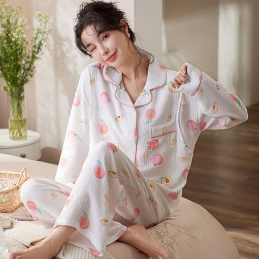 Vapetix M-XXXL  Autumn New 100% Cotton Gauze V-Neck Open-Front Long-Sleeve Long Pants Nightgown Set for Women Postp – Bild 3