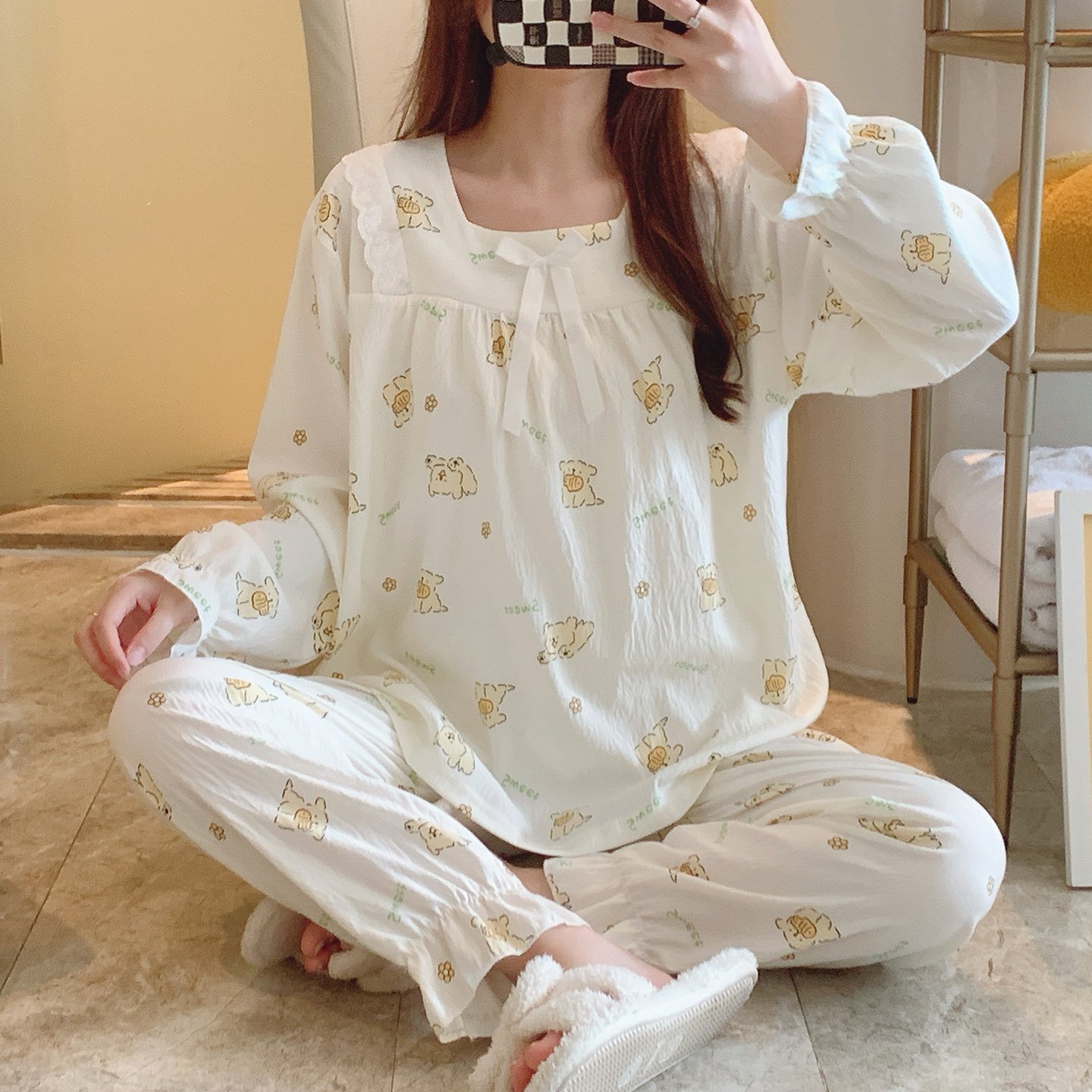 Vapetix M-XXL Jo Mengran 2025 Autumn Cloud Cotton Square Collar Long Sleeve Long Pants Pajama Set for Women Princ – Bild 5