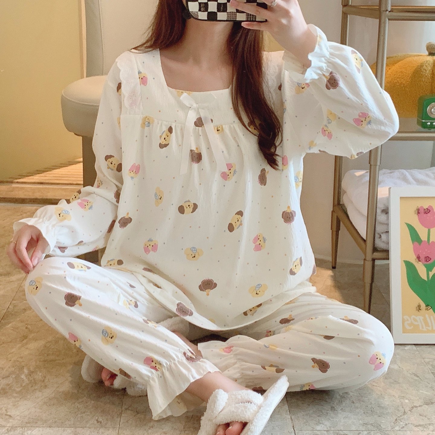 Vapetix M-XXL Qi Mengran 2025 Autumn Cloud Cotton Square Collar Long Sleeve Long Pants Nightgown Set for Women Pr - 图片 5
