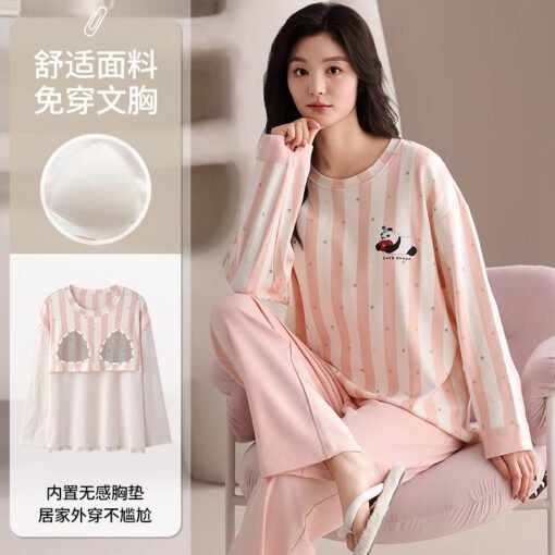 Vapetix M-XXL  New Autumn 100% Cotton Crew Neck Long Sleeve Long Pants Nightgown with Built-in Bralette for Women – Bild 4