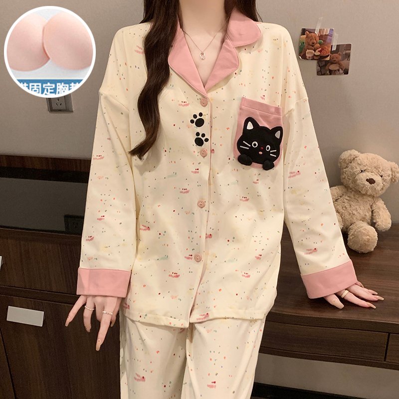 Vapetix M-XXL Women's Set: Collared Long-Sleeve Open-Front Pajama Top with Cotton-Poly Blend and Built-in Bralett – Bild 5