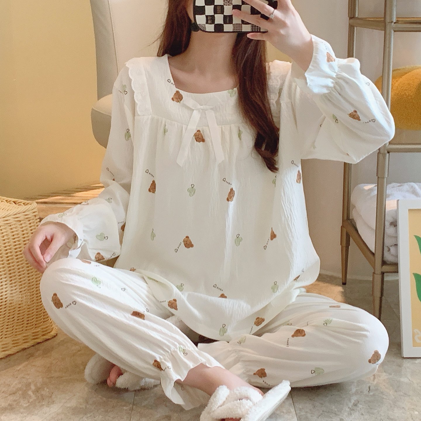 Vapetix M-XXL Qiao Mengran 2025 Autumn Cloud Cotton Square Collar Long Sleeve Long Pants Nightgown Set for Women – Bild 5
