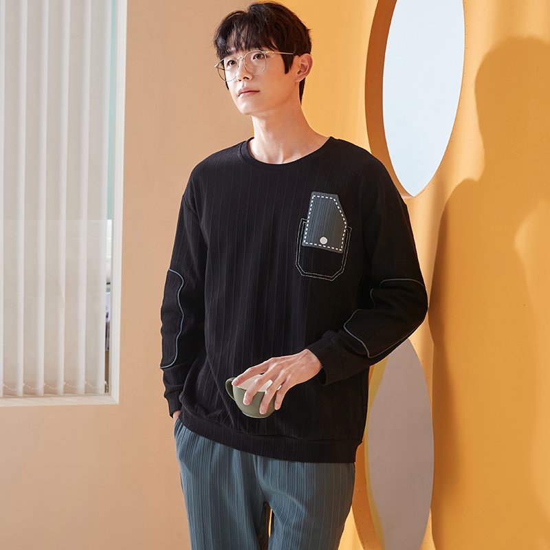 Vapetix L-XXXL New Autumn Cotton-Imitation Men's Flat Round Neck Hooded Long Sleeve Long Pants Pajama Set for Men - 图片 4