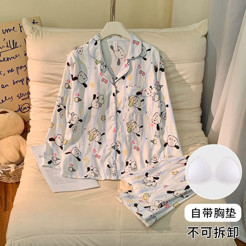 Vapetix M-XXL Ladies' Autumn New Sleepwear Set with Bra Cup Knitted Cloud Cotton Cardigan Sweet Long Sleeve Home – Bild 4