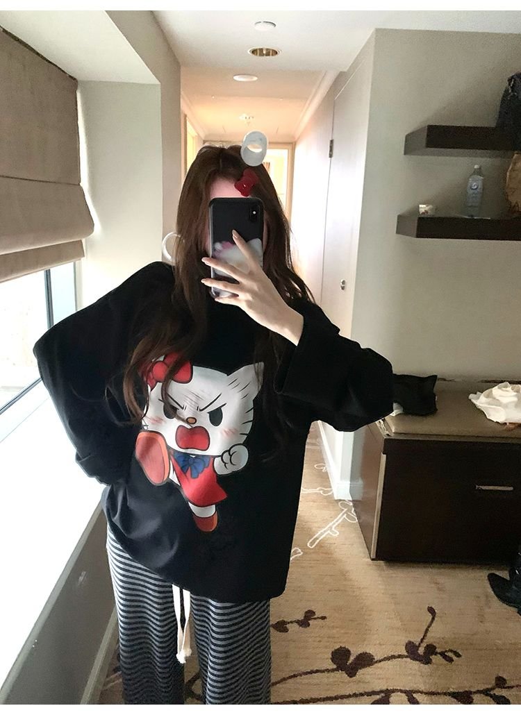 Vapetix S-XL Korean chic early autumn new snowflake cotton black long-sleeved round neck t-shirt for women loose – Bild 9