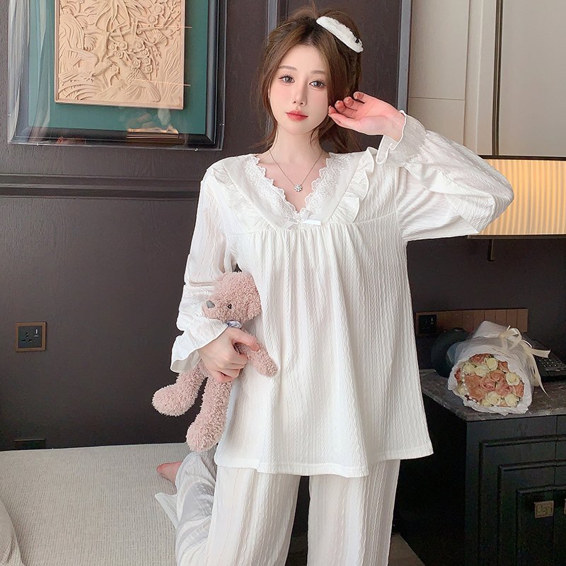 Vapetix M-XXL Fixed Bra Cup V-Neck Lace Sweet Princess Style Homecoming Pajamas Spring and Autumn 6535 Damask Cot – Bild 5