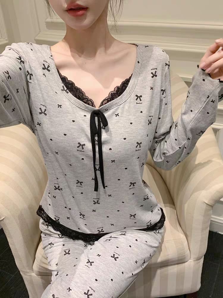 Vapetix M-XXL Spring and Autumn Floral Edge Bowknot Blouse with Breast Pads Women's Ice Silk Ribbed Long Sleeve L – Bild 3