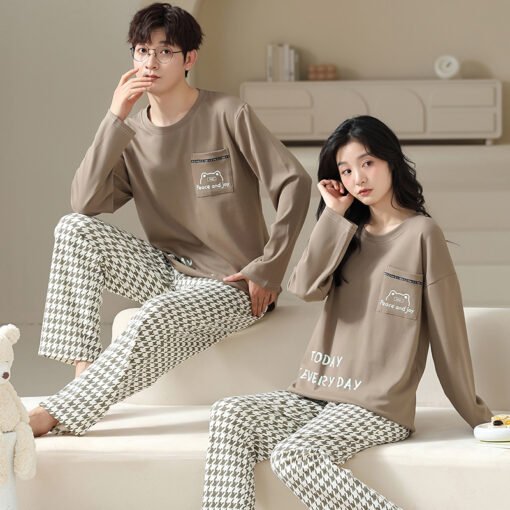 Vapetix M-XXXL  Autumn New 100% Cotton Crew Neck Pullover Long Sleeve Long Pants Sleepwear Set for Men and Women, C – Bild 3