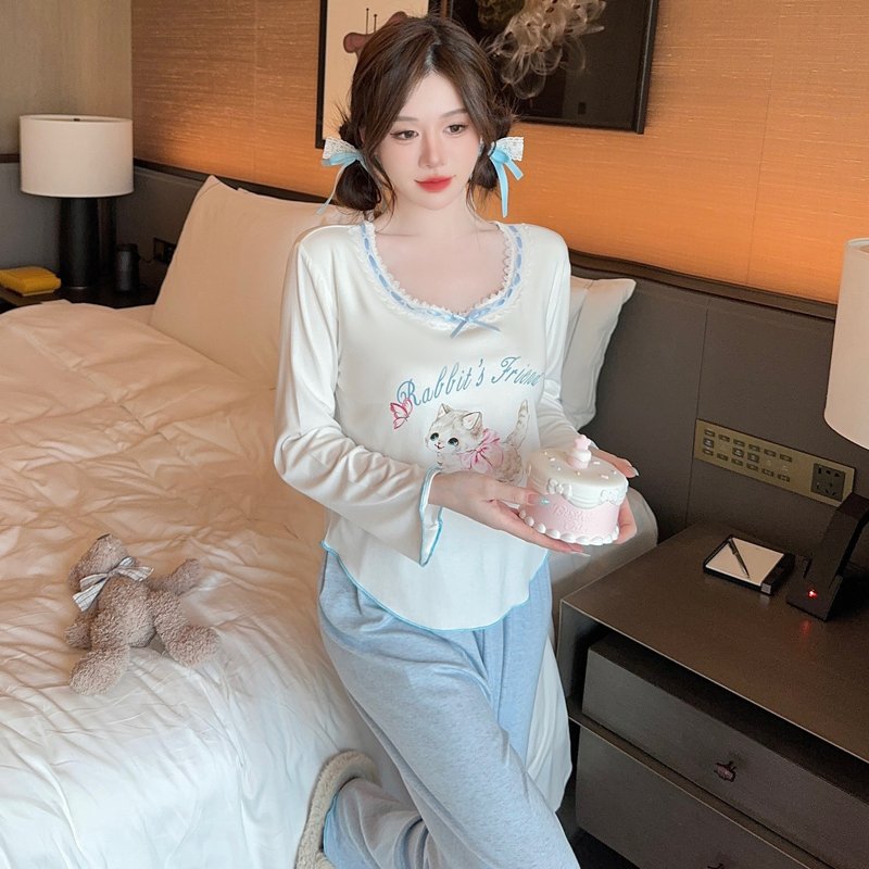 Vapetix M-XL 2-Color 【With Unremovable Chest Pads】Spring and Autumn Long-Sleeve Nightgown Set for Women, Modal C – Bild 4