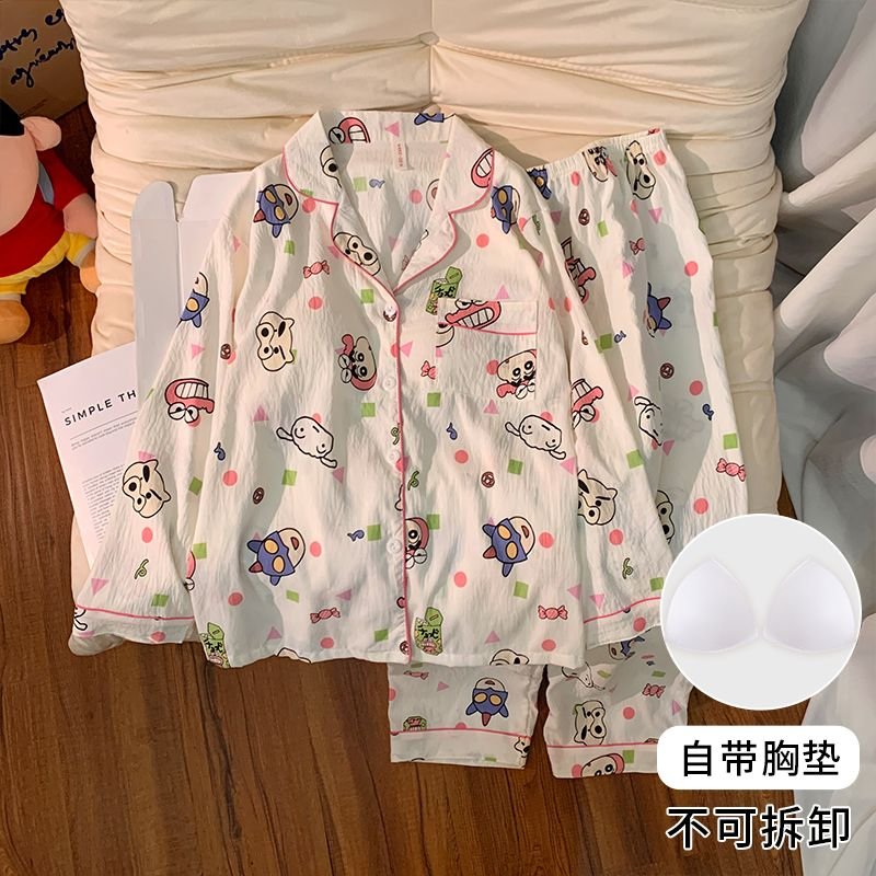 Vapetix M-XXL Women's Fall New Sleepwear Set with Bra Cup Knitted Cloud Cotton Cardigan Sweet Long Sleeve Homecom - 图片 3