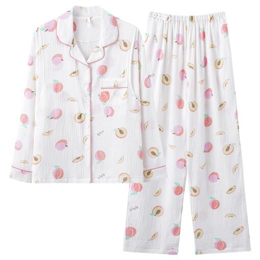 Vapetix M-XXXL  Autumn New 100% Cotton Gauze V-Neck Open-Front Long-Sleeve Long Pants Nightgown Set for Women Postp – Bild 4