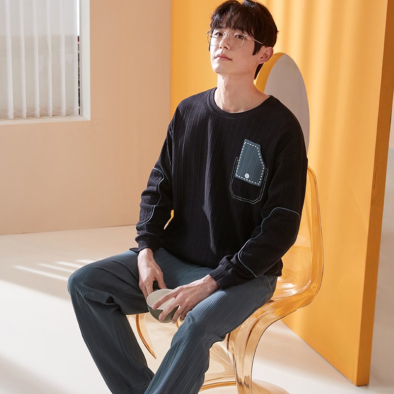 Vapetix L-XXXL New Autumn Cotton-Imitation Men's Flat Round Neck Hooded Long Sleeve Long Pants Pajama Set for Men - 图片 5